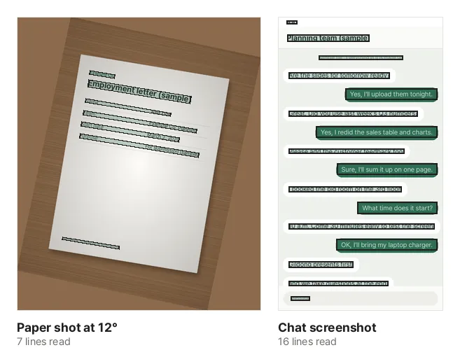 Real results from Image to Text: a document photo tilted by 12° and a chat screenshot, with a box drawn over each line that was read. On the tilted document the boxes follow the tilted lines, and on the chat screenshot the lines in both the white bubbles and the green bubbles are boxed