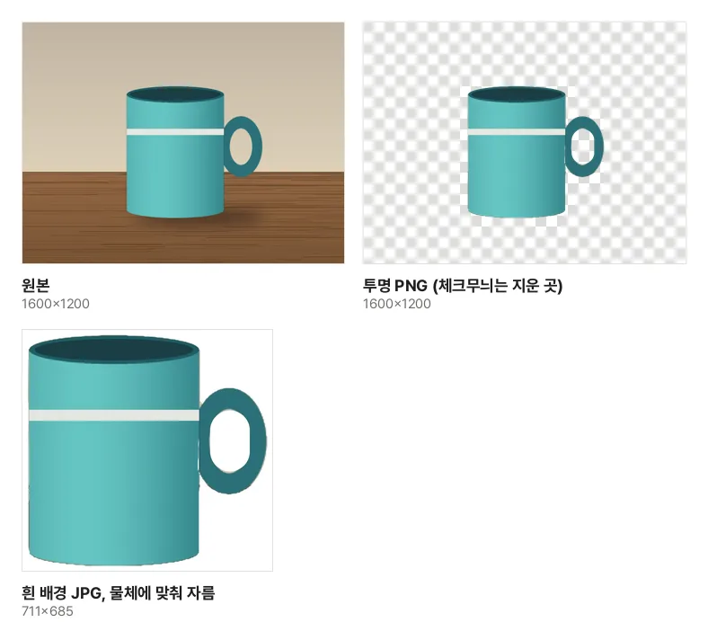 견본 머그잔 사진의 원본, 배경을 지운 투명 PNG(지운 곳은 체크무늬), 흰 배경에 물체 둘레만 남겨 자른 JPG
