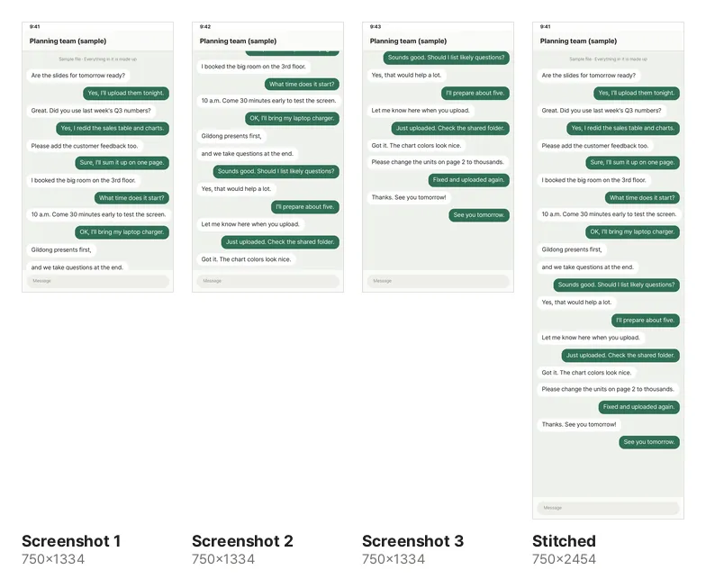 Three chat screenshots (750×1334 each) and the stitched result (750×2454). The result has the title bar at the top and the message box at the bottom only once, and the conversation continues without gaps or repeats